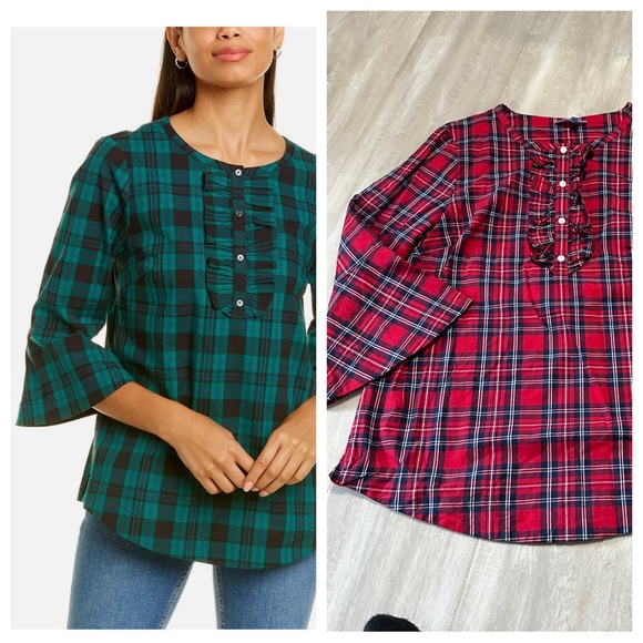 Draper James Tops - Draper James Red Plaid Ruffle Placket Tunic Top Sz S